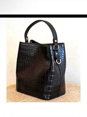 AOTA Elena Vegan Black Faux Croc Embossed Bucket Crossbody Bag